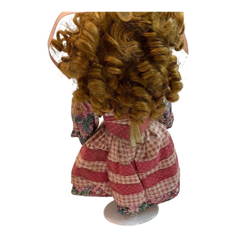 Vintage Porcelain Doll, Blonde Girl, Pink Flower Dress, Green Eyes Tall 15”. - Picture 8 of 16